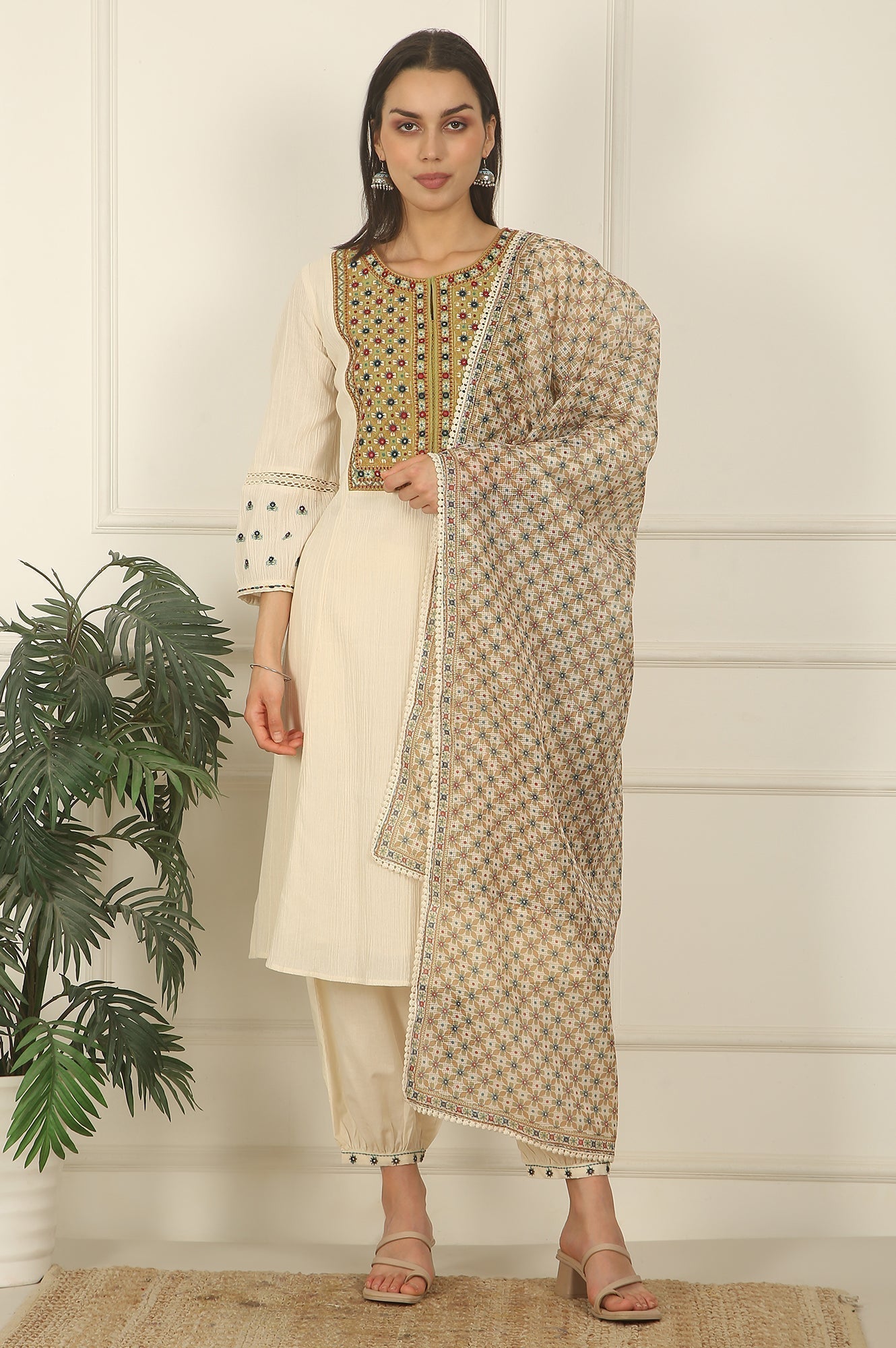 W for Woman White Embroidered Yoke Cotton Crepe A-line Kurta, Pants and Dupatta Set