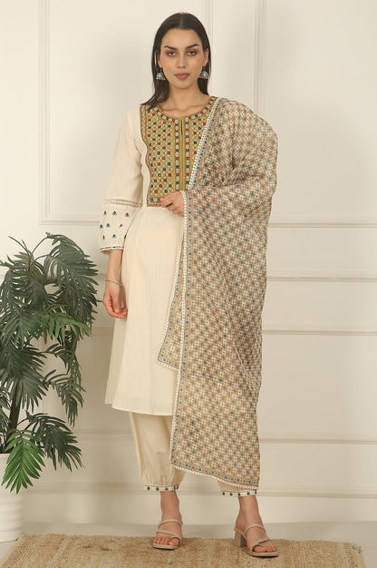 W for Woman White Embroidered Yoke Cotton Crepe A-line Kurta, Pants and Dupatta Set