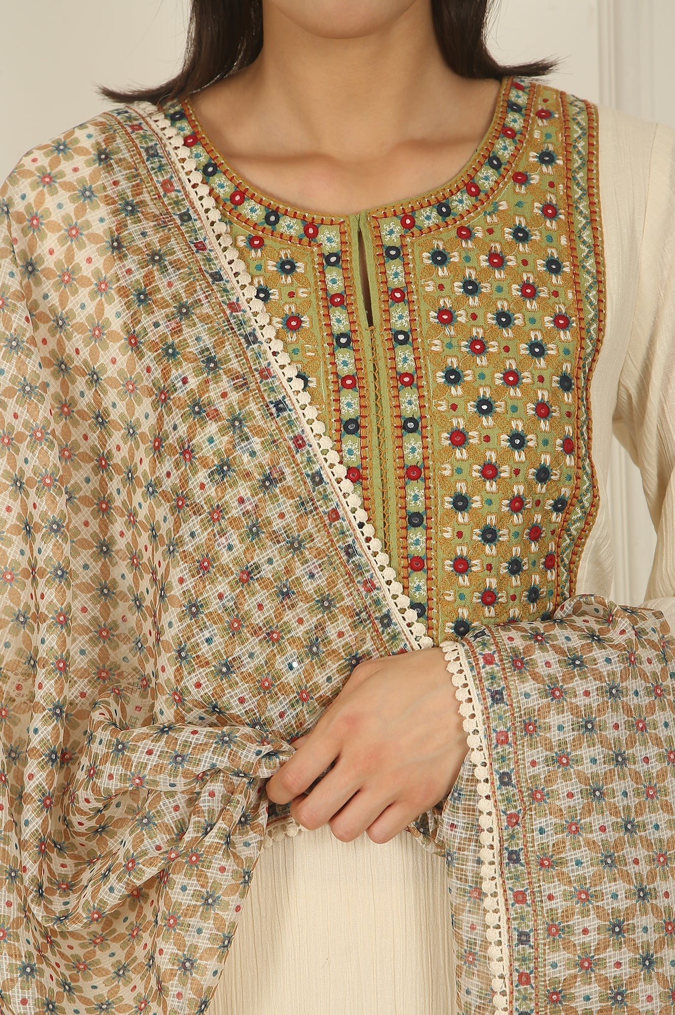 W for Woman White Embroidered Yoke Cotton Crepe A-line Kurta, Pants and Dupatta Set