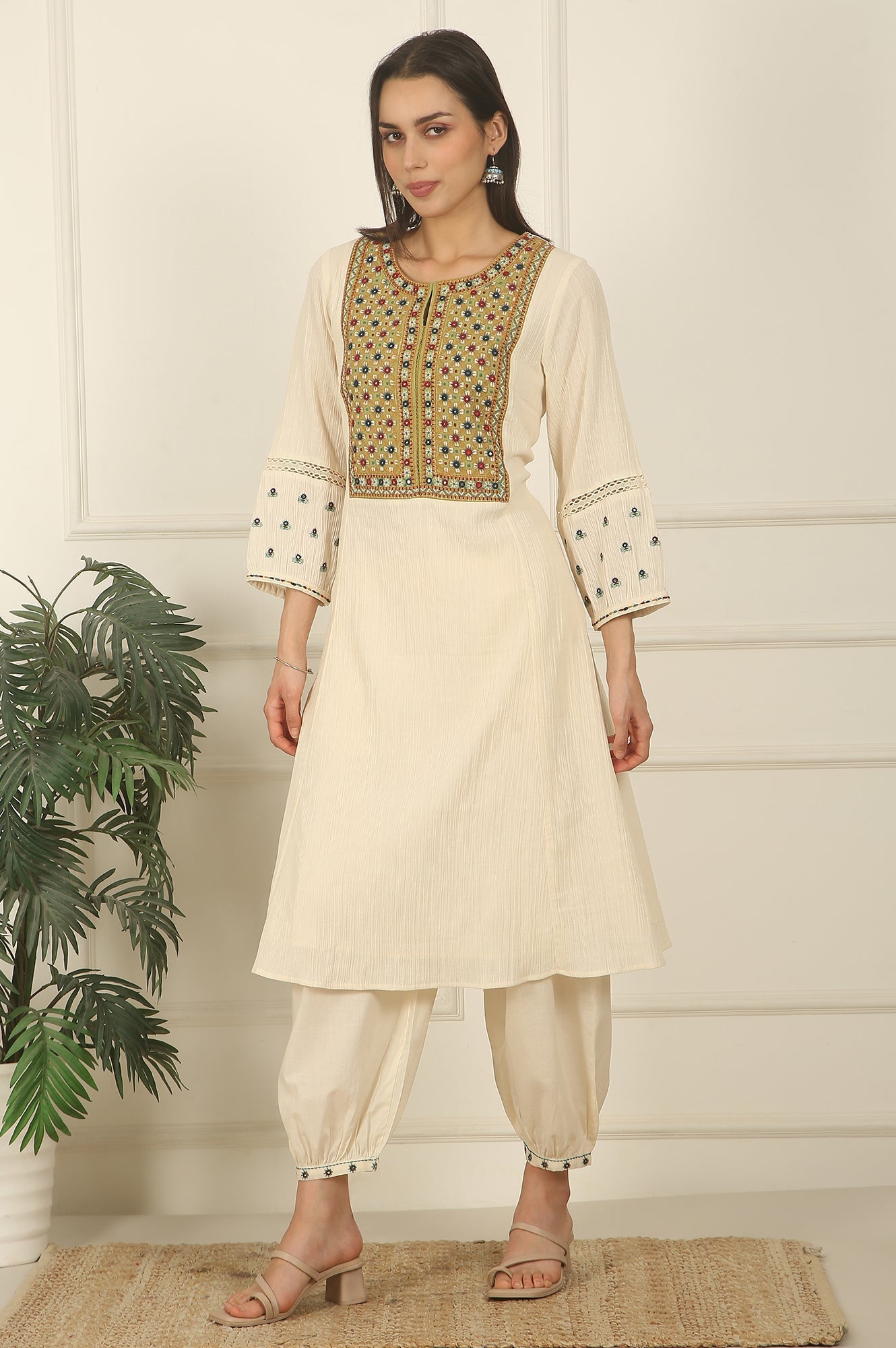 W for Woman White Embroidered Yoke Cotton Crepe A-line Kurta, Pants and Dupatta Set