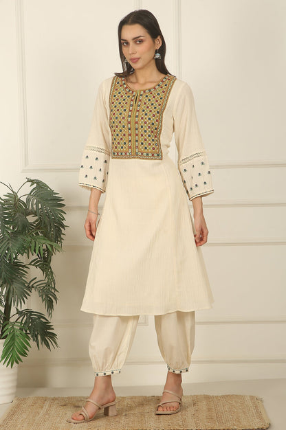 W for Woman White Embroidered Yoke Cotton Crepe A-line Kurta, Pants and Dupatta Set