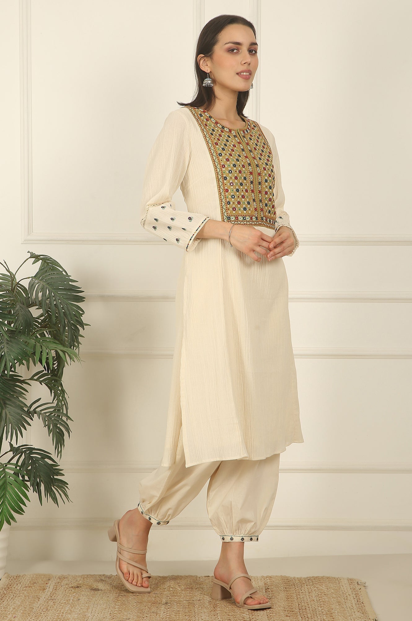 W for Woman White Embroidered Yoke Cotton Crepe A-line Kurta, Pants and Dupatta Set