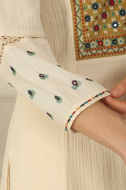 W for Woman White Embroidered Yoke Cotton Crepe A-line Kurta, Pants and Dupatta Set