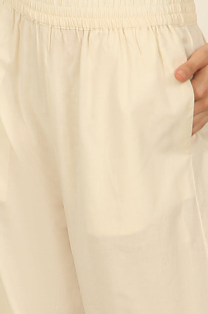 W for Woman White Embroidered Yoke Cotton Crepe A-line Kurta, Pants and Dupatta Set