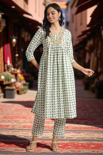 W for Woman White Lotus Printed Pure Cotton Kurta and Pants Co-ord Set