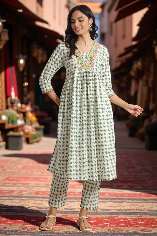 W for Woman White Lotus Printed Pure Cotton Kurta and Pants Co-ord Set