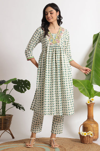 W for Woman White Lotus Printed Pure Cotton Kurta and Pants Co-ord Set