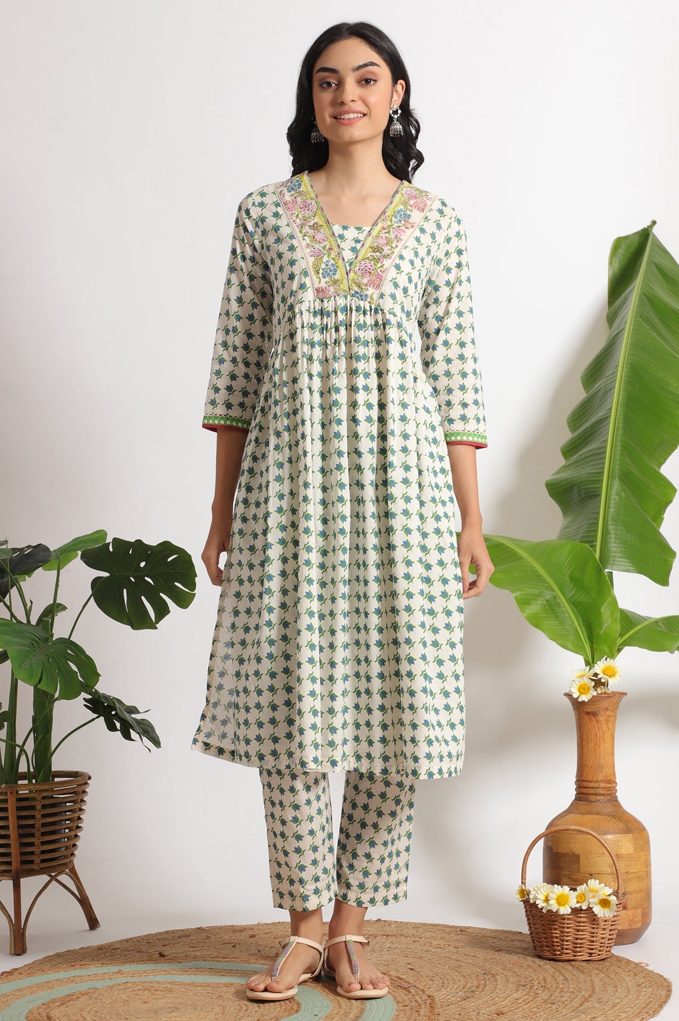 W for Woman White Lotus Printed Pure Cotton Kurta and Pants Co-ord Set
