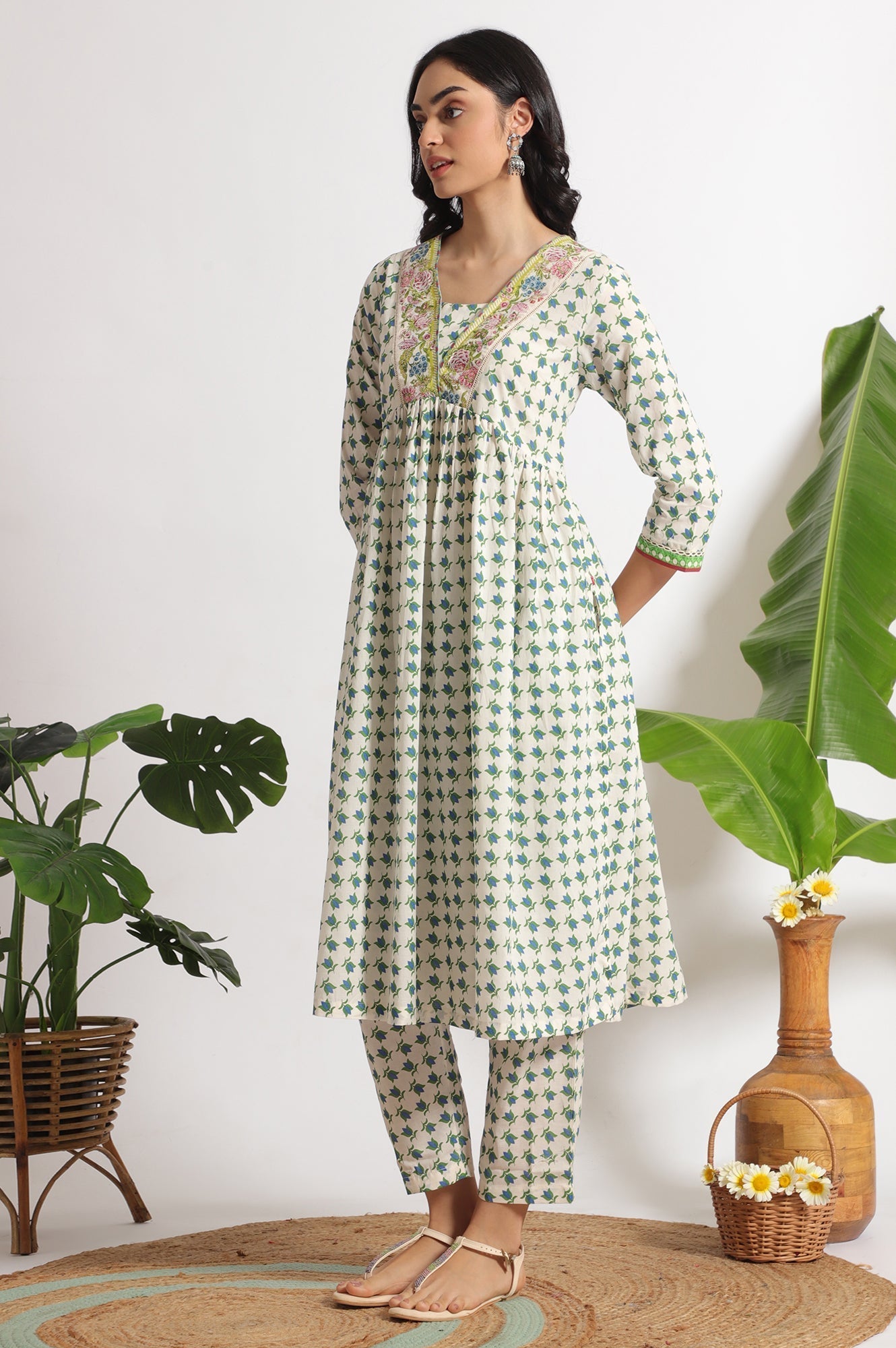 W for Woman White Lotus Printed Pure Cotton Kurta and Pants Co-ord Set