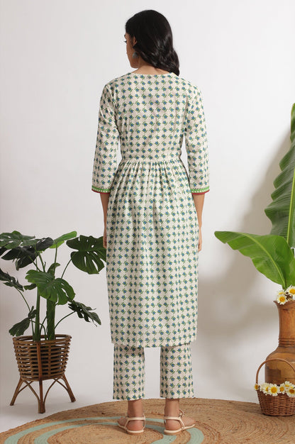 W for Woman White Lotus Printed Pure Cotton Kurta and Pants Co-ord Set