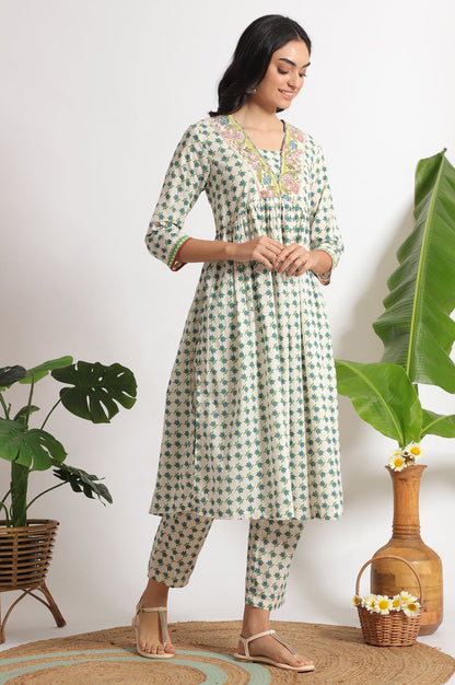 W for Woman White Lotus Printed Pure Cotton Kurta and Pants Co-ord Set