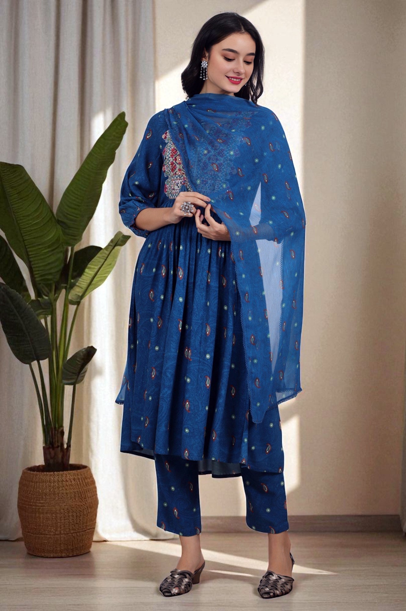 W for Woman Teal Blue Embroidered Yoke Rayon Kurta, Straight Pants and Dupatta Set