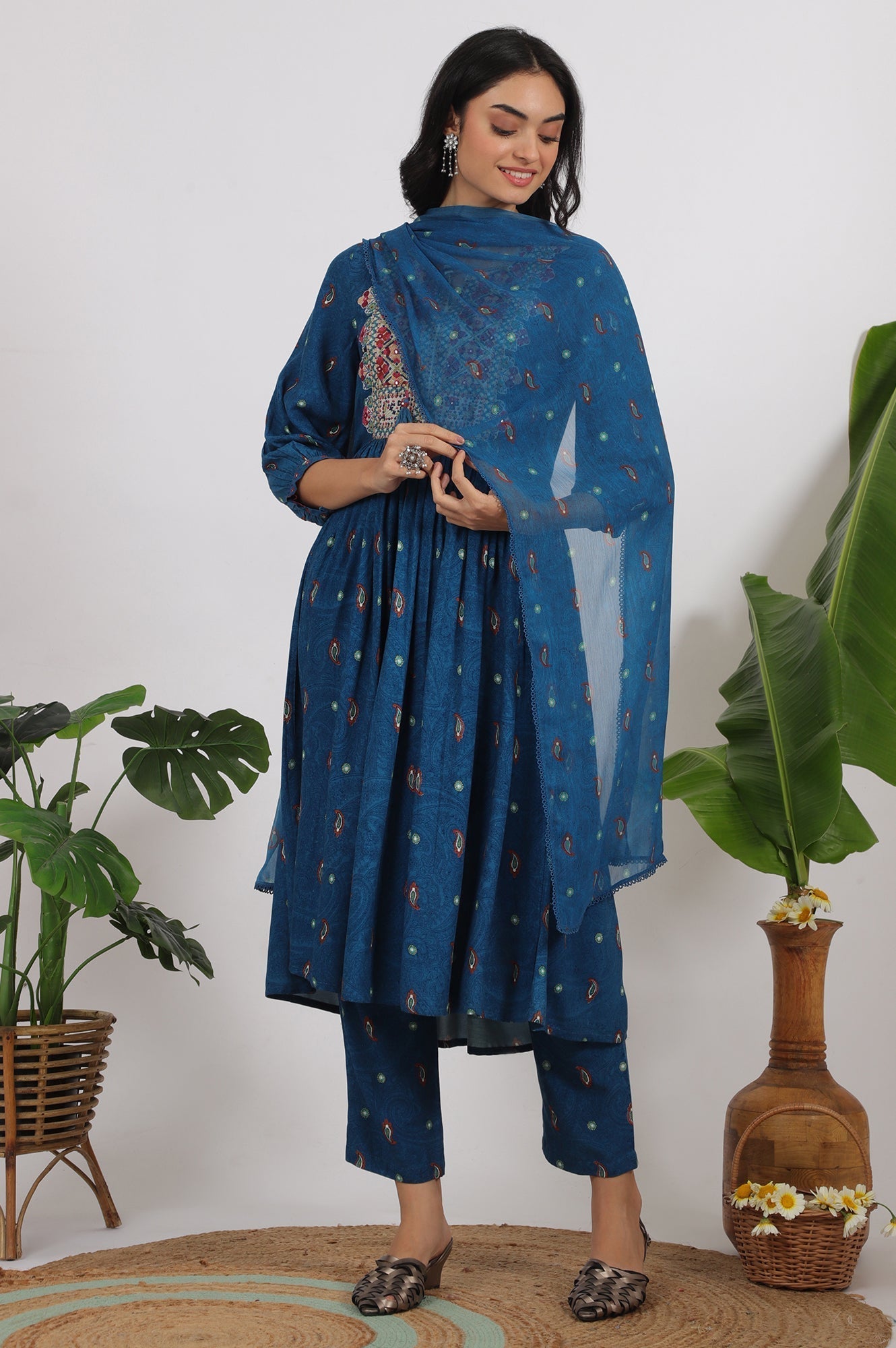 W for Woman Teal Blue Embroidered Yoke Rayon Kurta, Straight Pants and Dupatta Set