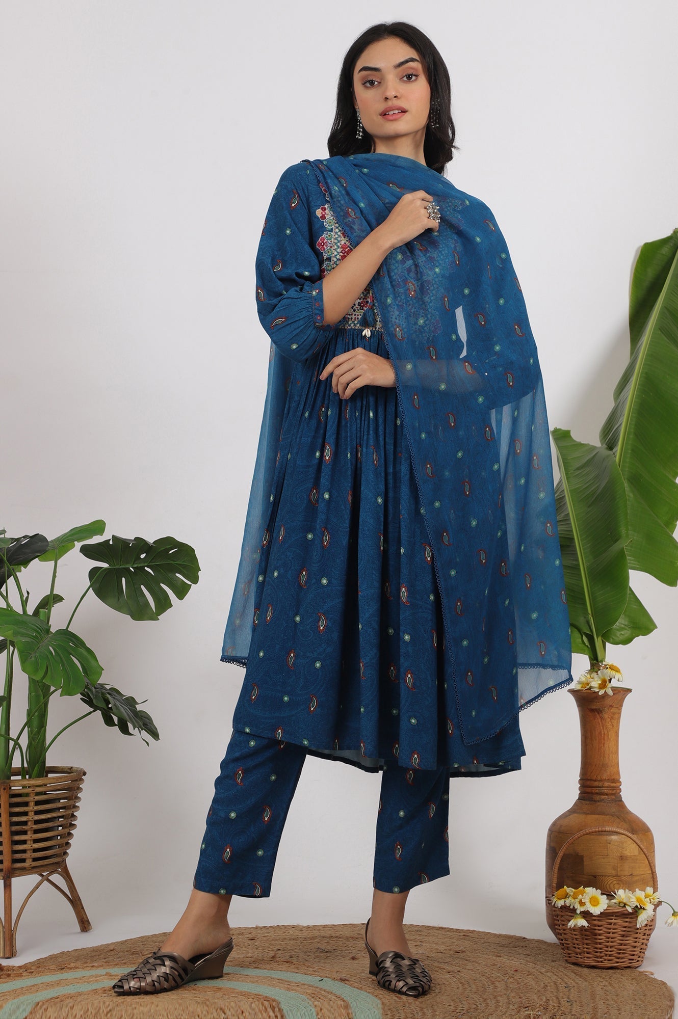 W for Woman Teal Blue Embroidered Yoke Rayon Kurta, Straight Pants and Dupatta Set