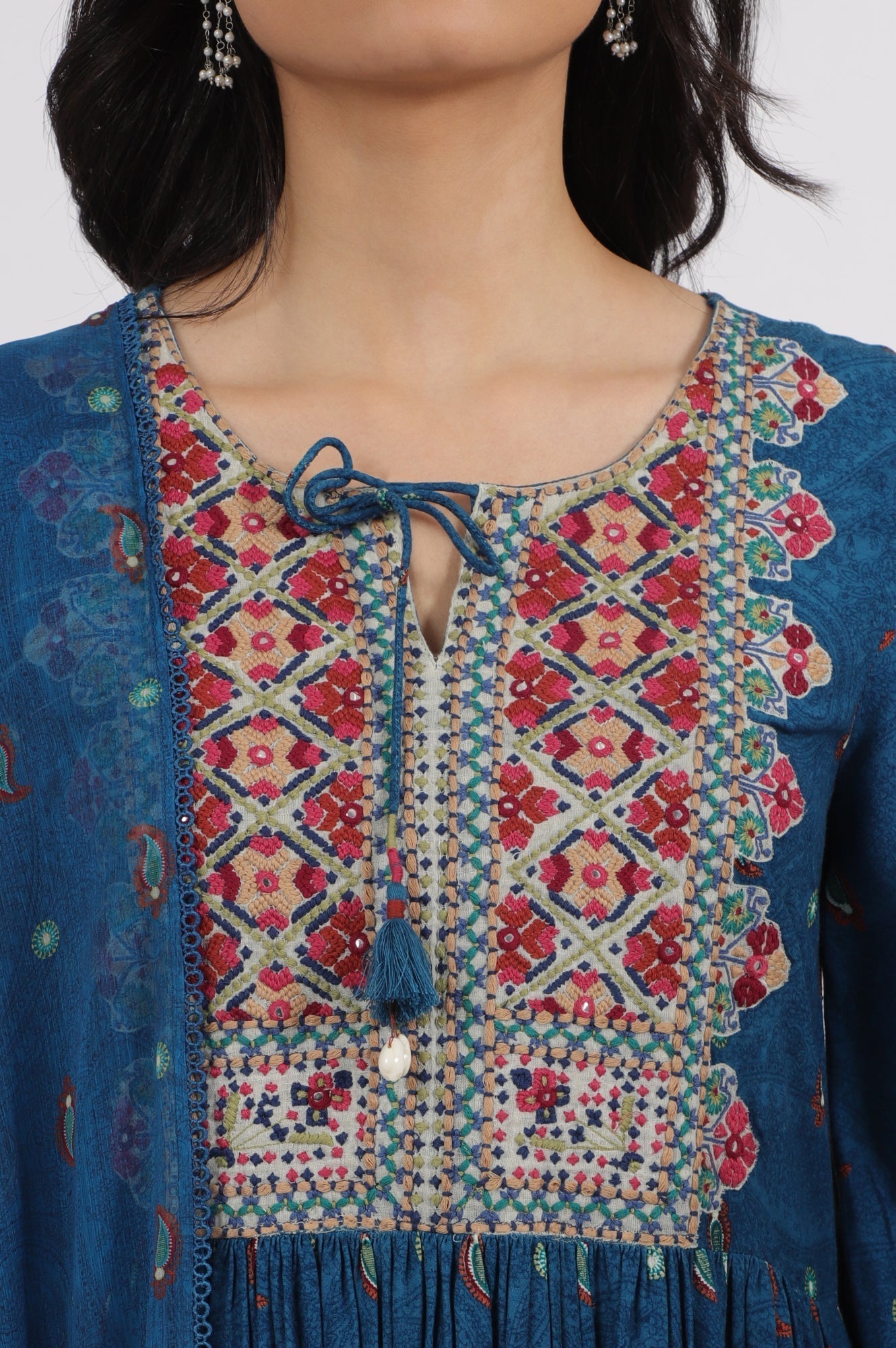 W for Woman Teal Blue Embroidered Yoke Rayon Kurta, Straight Pants and Dupatta Set
