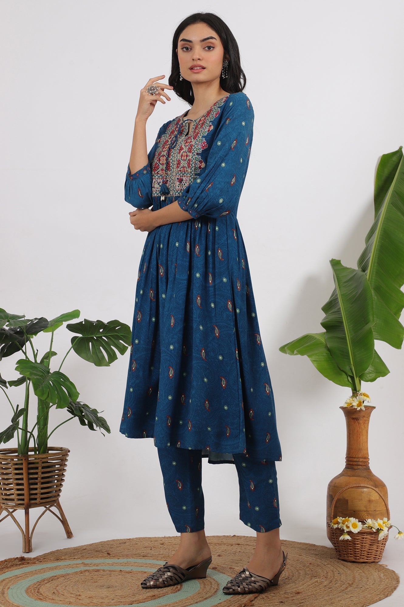 W for Woman Teal Blue Embroidered Yoke Rayon Kurta, Straight Pants and Dupatta Set