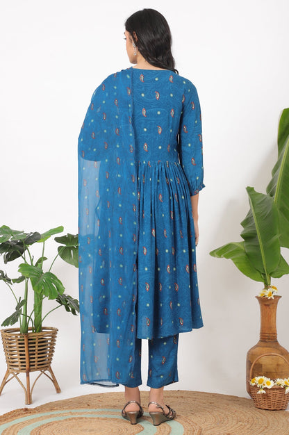 W for Woman Teal Blue Embroidered Yoke Rayon Kurta, Straight Pants and Dupatta Set