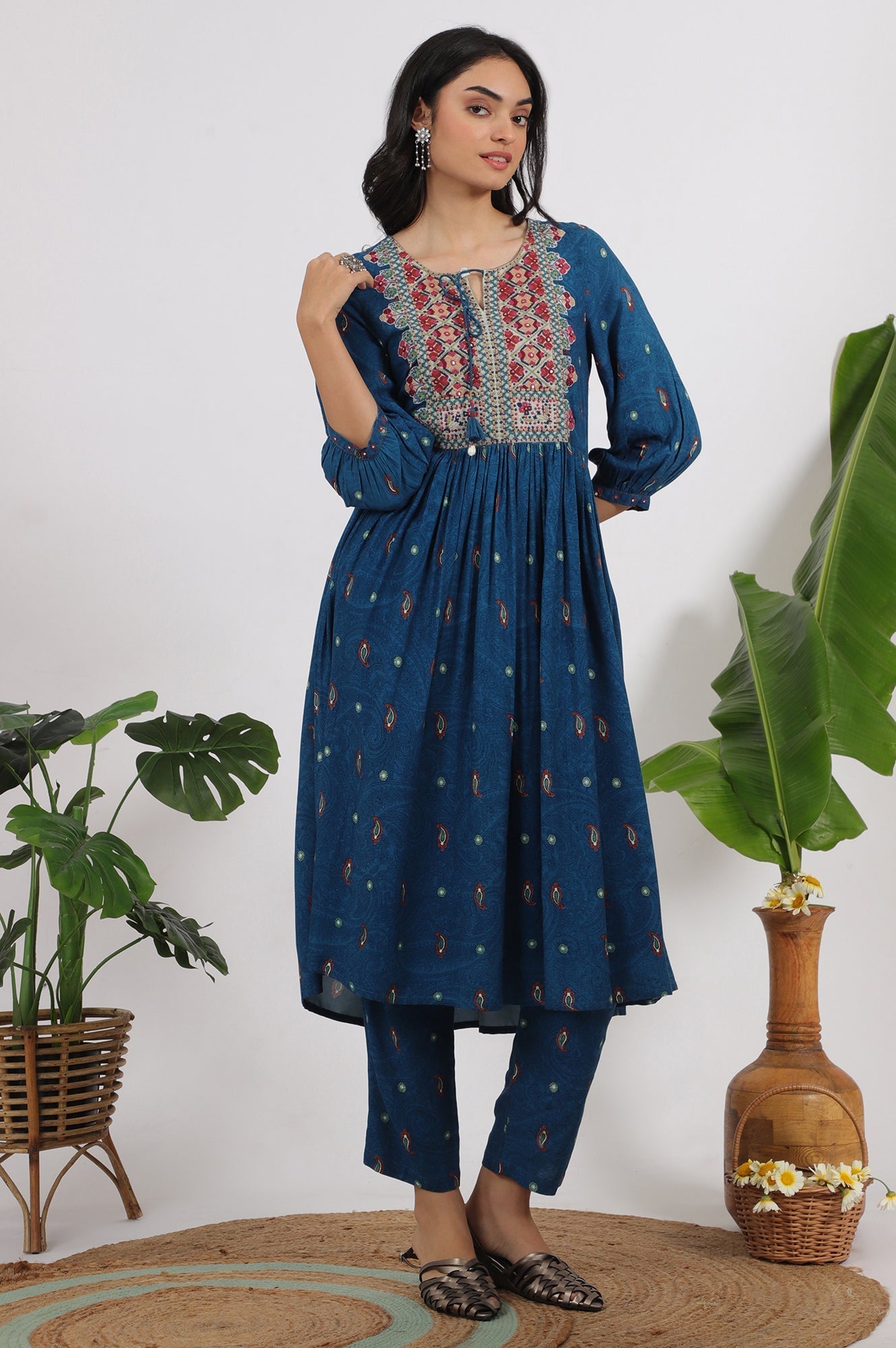 W for Woman Teal Blue Embroidered Yoke Rayon Kurta, Straight Pants and Dupatta Set