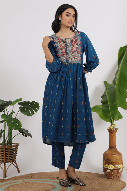 W for Woman Teal Blue Embroidered Yoke Rayon Kurta, Straight Pants and Dupatta Set