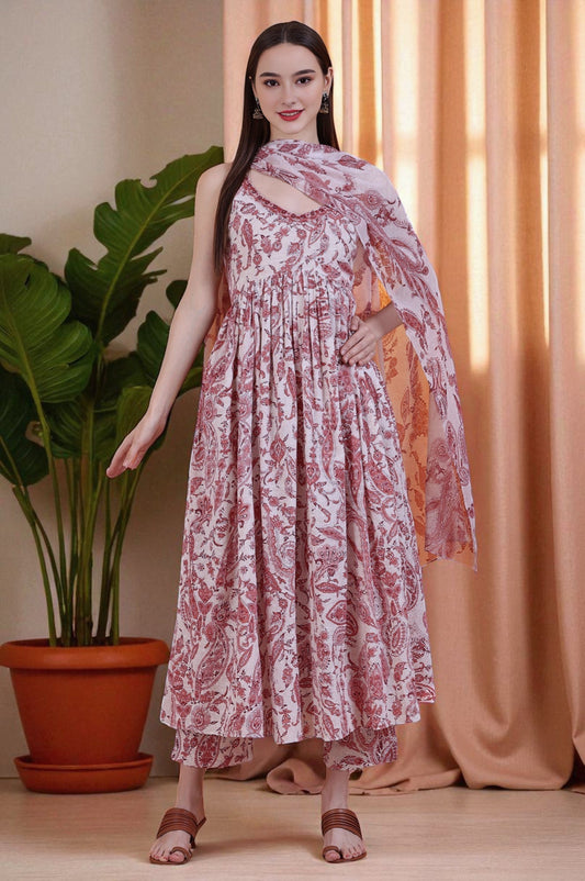 W for Woman White Paisley Printed Swiss Dot Cotton Spaghetti Kurta, Pants and Dupatta Set