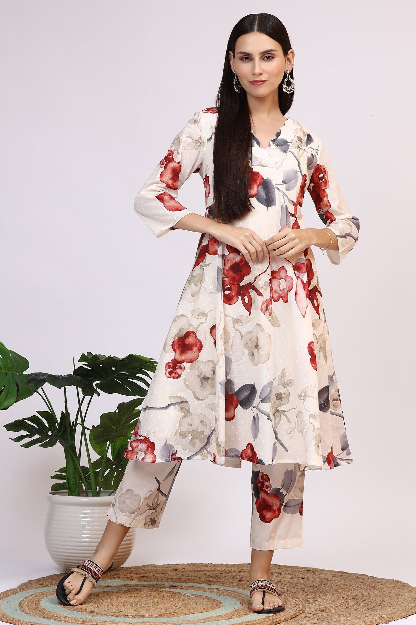 W for Woman White Bold Floral Printed Pure Cotton Swiss Dot Flared Kurta and Pants Co-ord Set