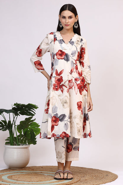 W for Woman White Bold Floral Printed Pure Cotton Swiss Dot Flared Kurta and Pants Co-ord Set