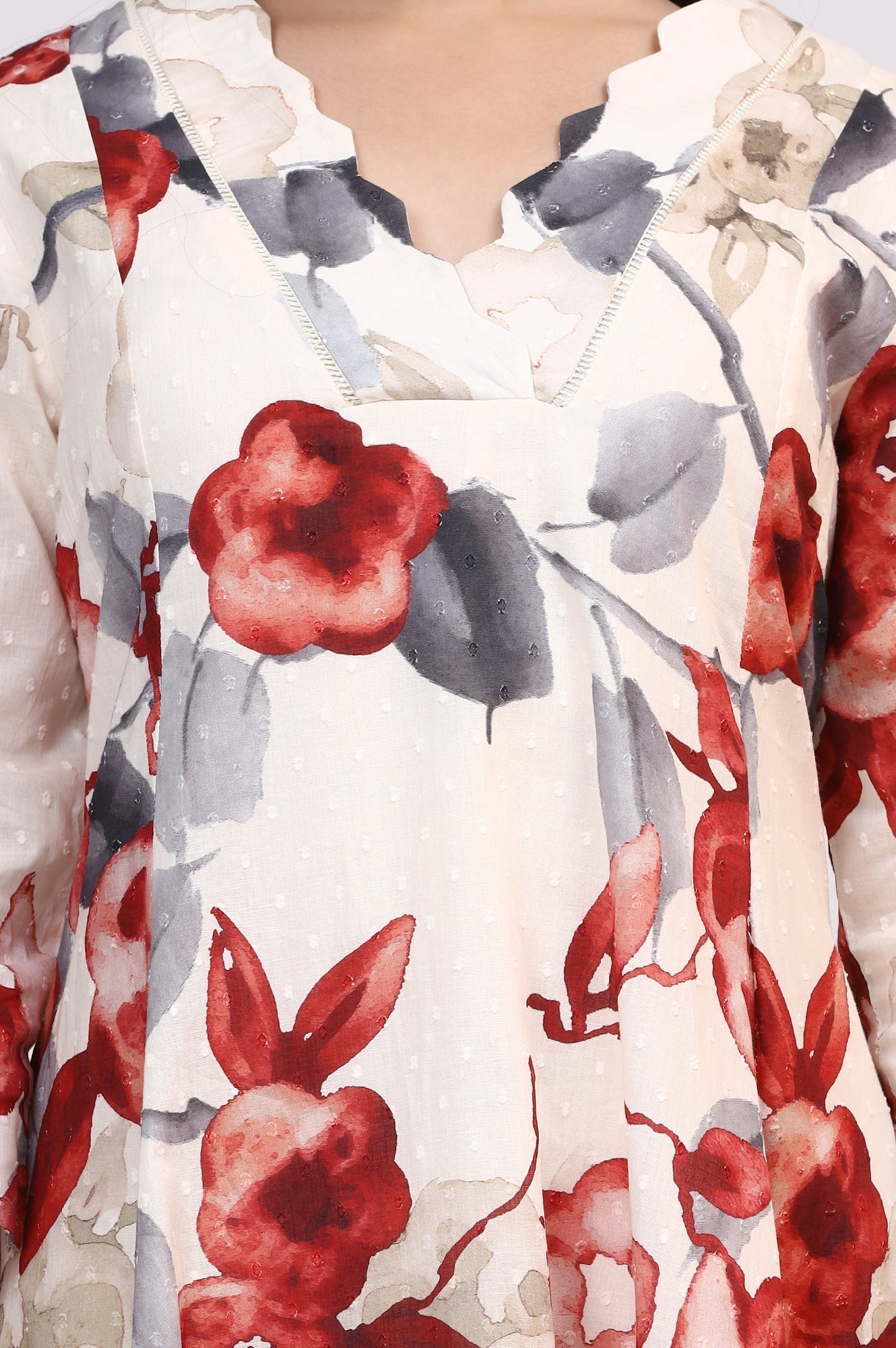 W for Woman White Bold Floral Printed Pure Cotton Swiss Dot Flared Kurta and Pants Co-ord Set