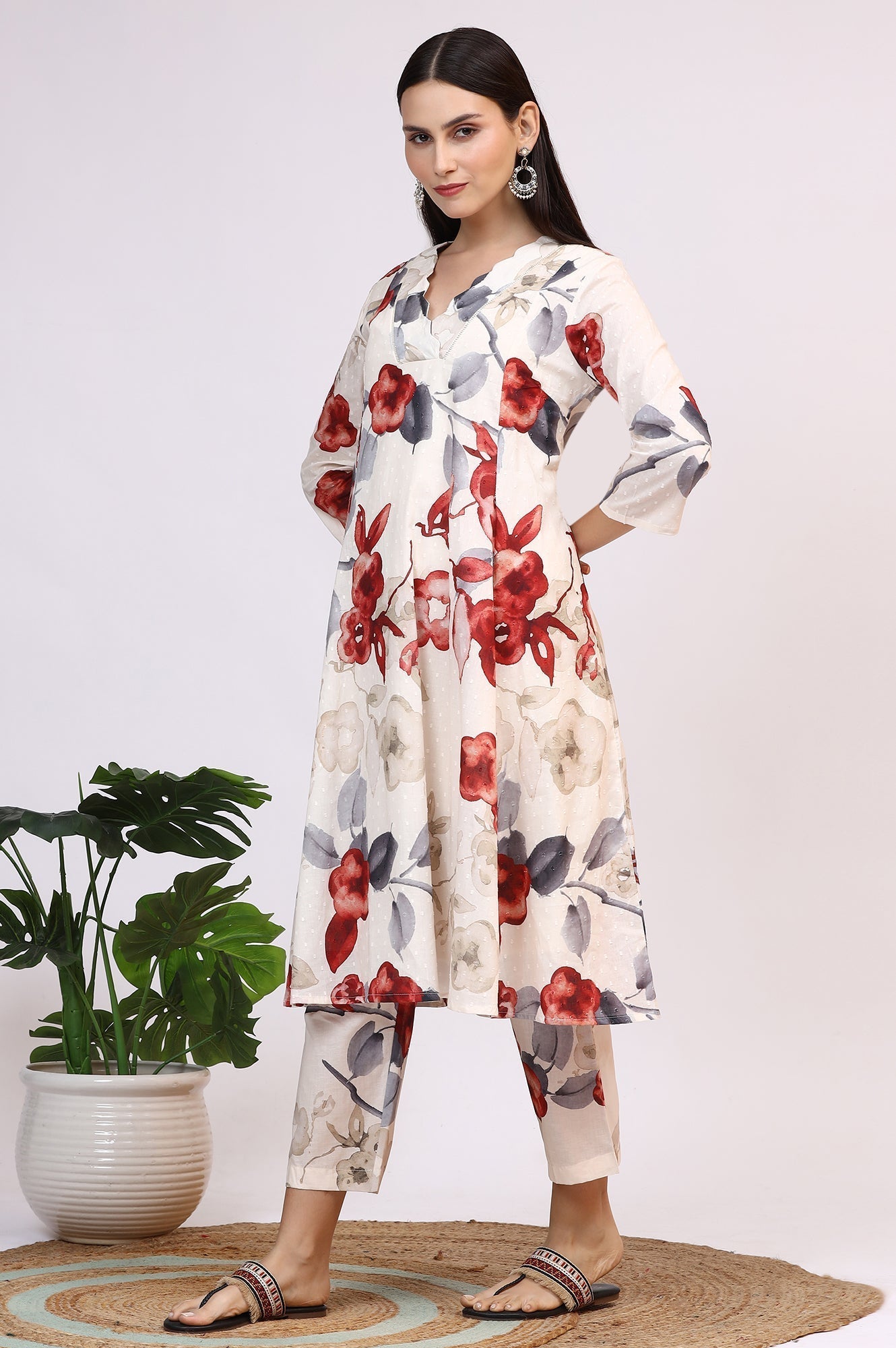 W for Woman White Bold Floral Printed Pure Cotton Swiss Dot Flared Kurta and Pants Co-ord Set