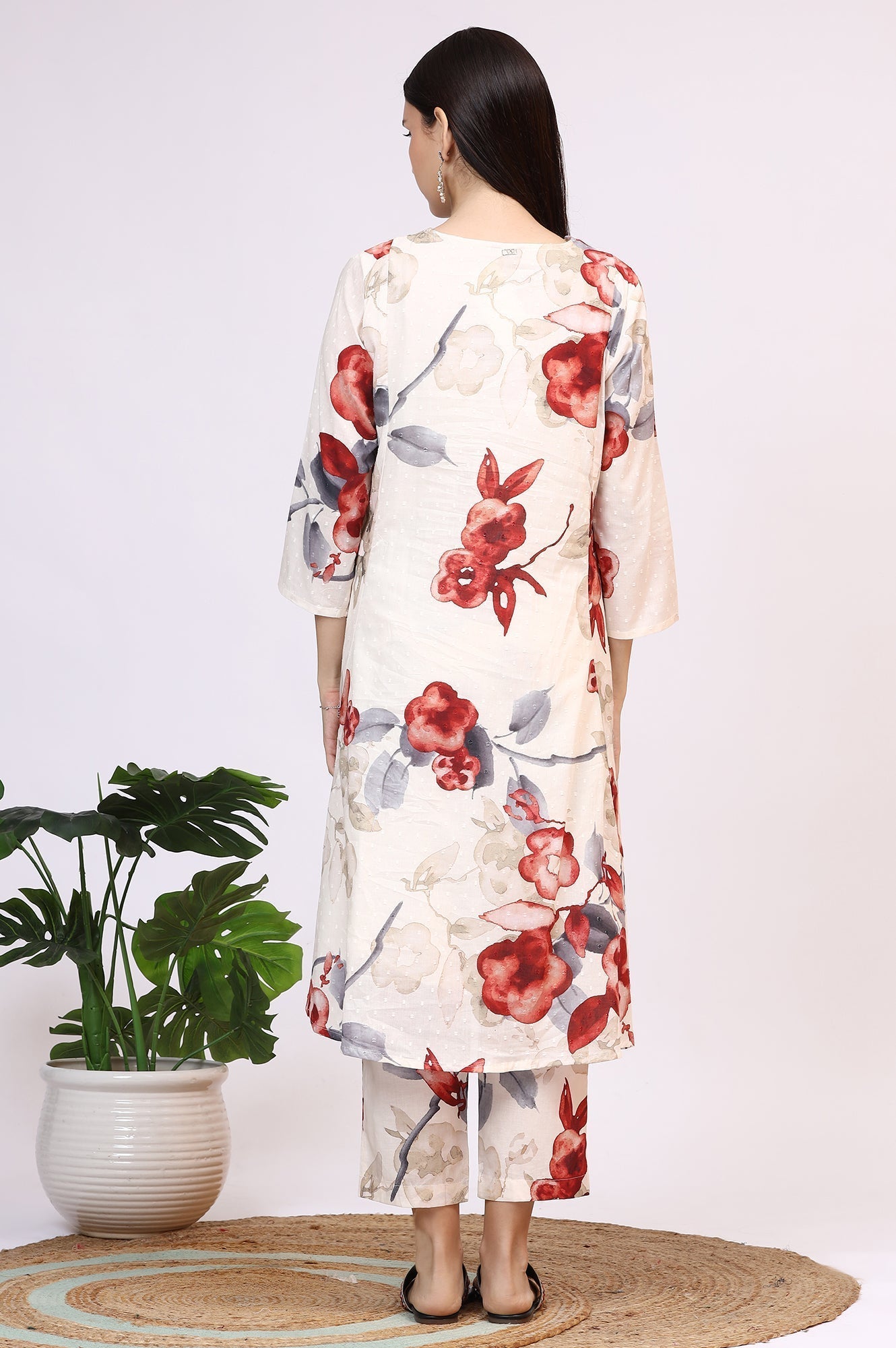 W for Woman White Bold Floral Printed Pure Cotton Swiss Dot Flared Kurta and Pants Co-ord Set