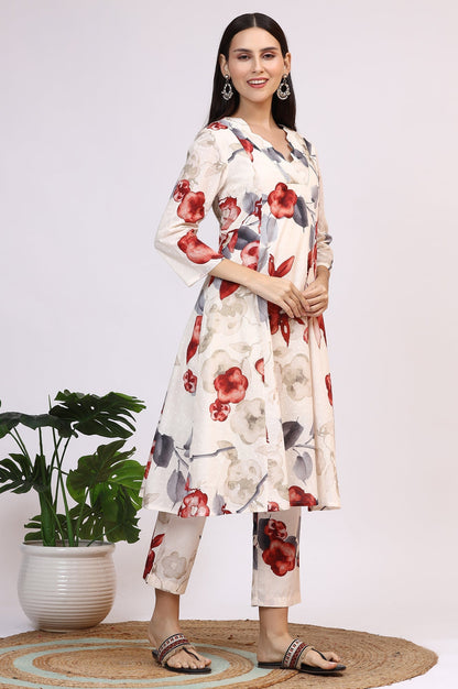 W for Woman White Bold Floral Printed Pure Cotton Swiss Dot Flared Kurta and Pants Co-ord Set