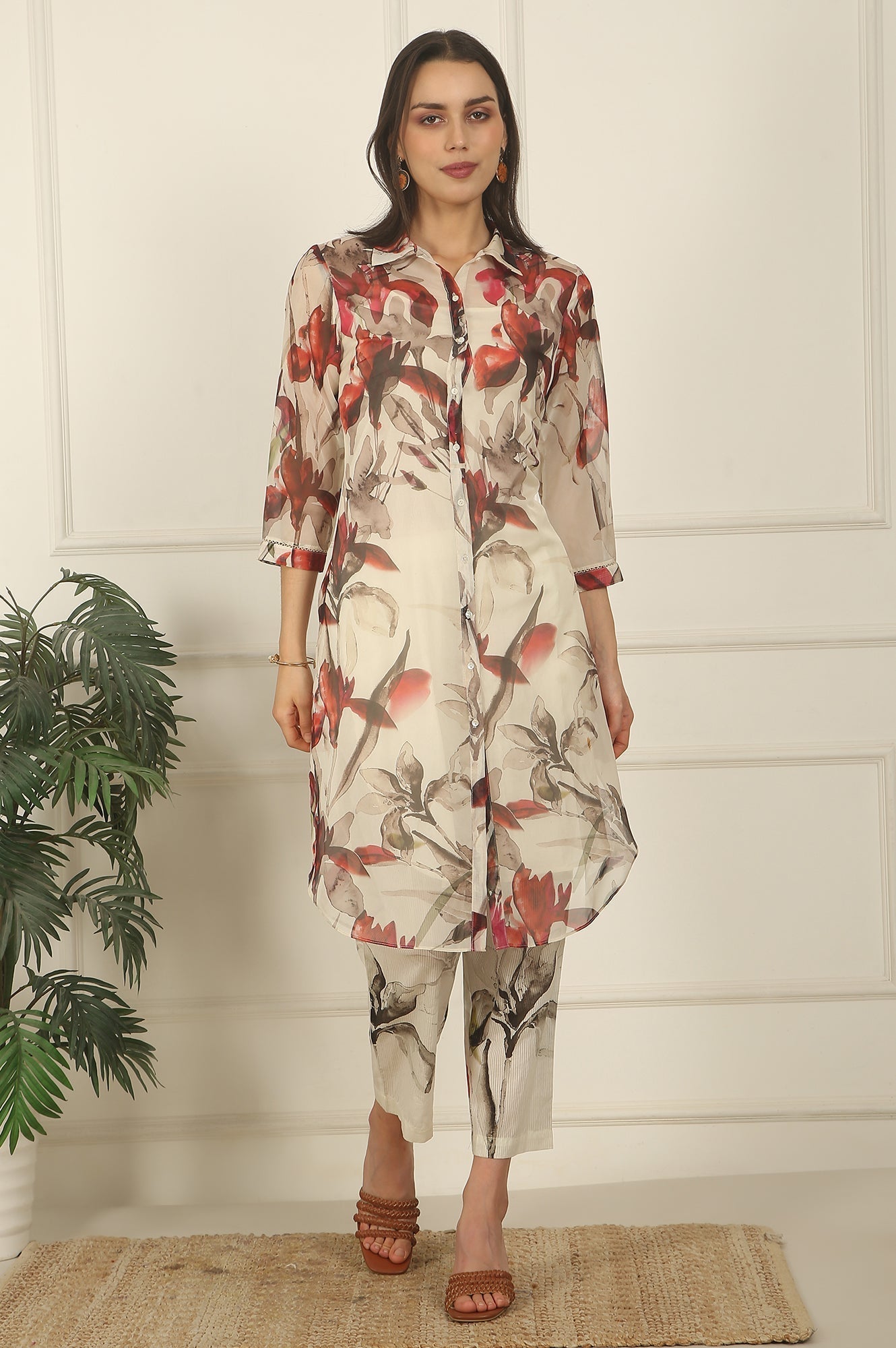 W for Woman Off-White Floral Printed Organza Shirt Kurta and Pants Co-ord Set