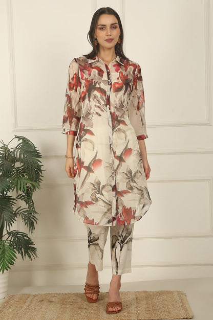 W for Woman Off-White Floral Printed Organza Shirt Kurta and Pants Co-ord Set