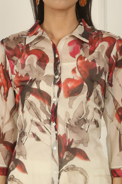 W for Woman Off-White Floral Printed Organza Shirt Kurta and Pants Co-ord Set