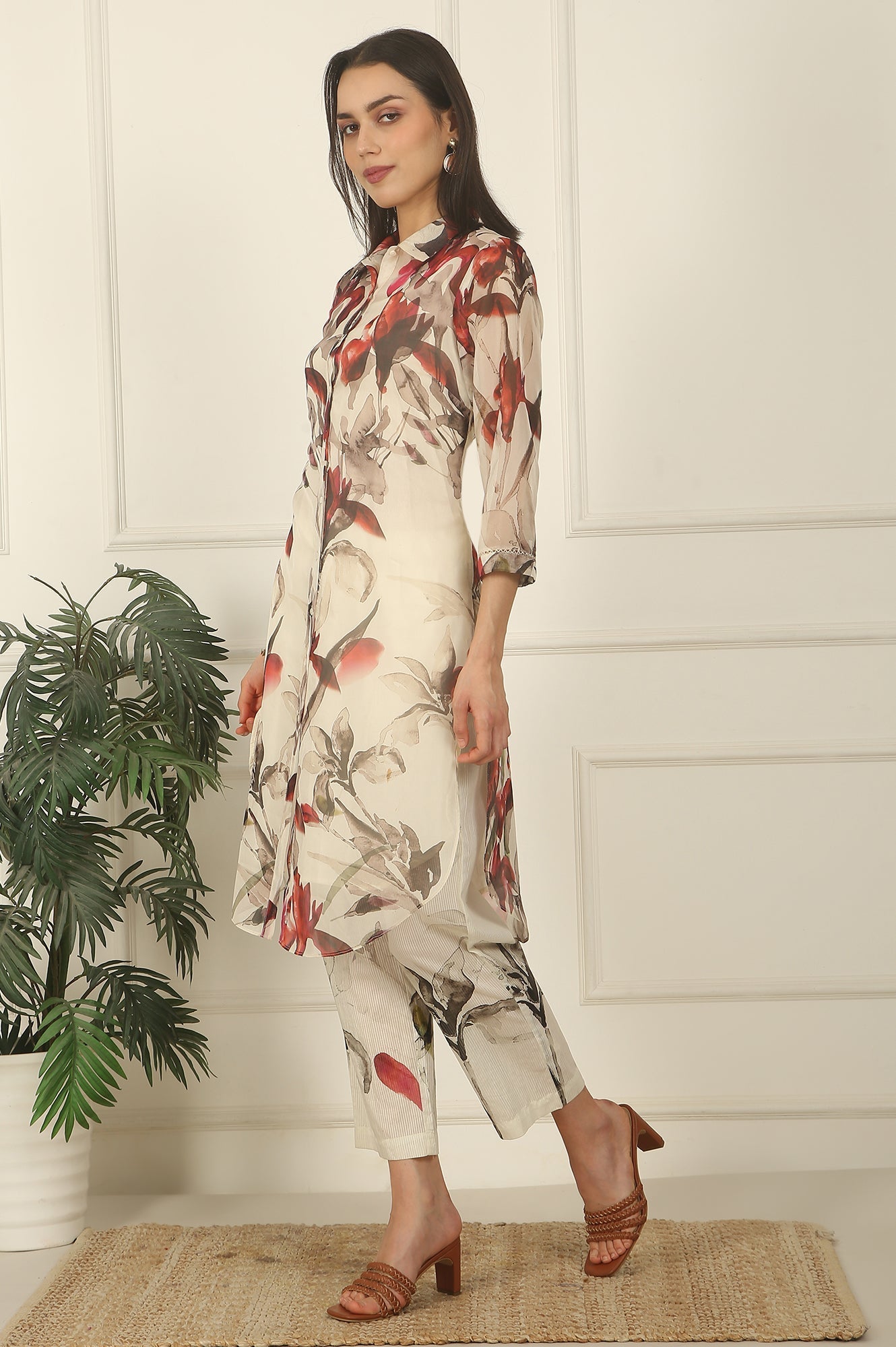 W for Woman Off-White Floral Printed Organza Shirt Kurta and Pants Co-ord Set