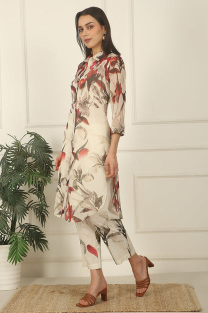W for Woman Off-White Floral Printed Organza Shirt Kurta and Pants Co-ord Set