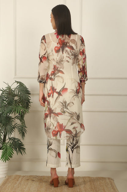 W for Woman Off-White Floral Printed Organza Shirt Kurta and Pants Co-ord Set