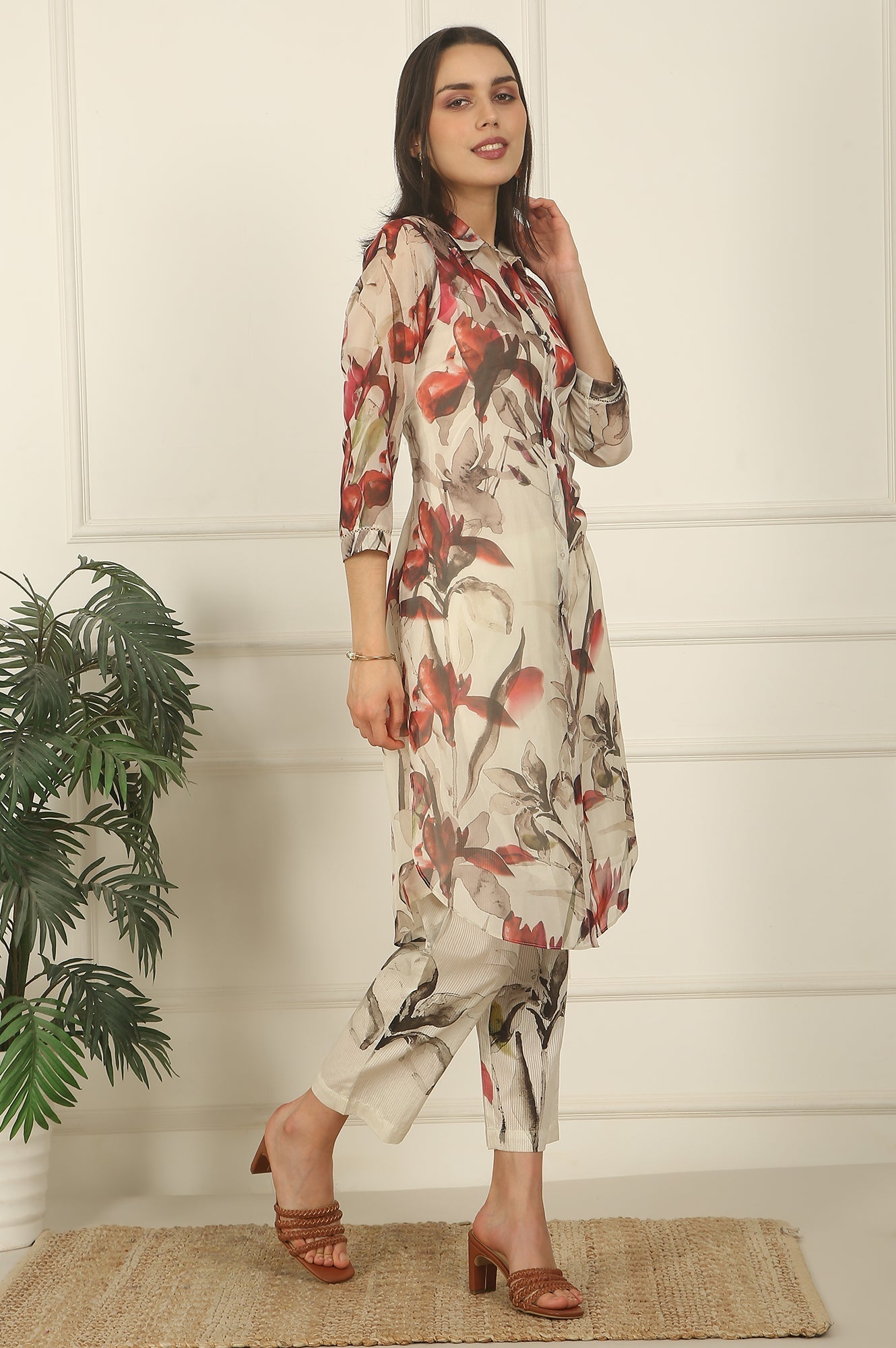 W for Woman Off-White Floral Printed Organza Shirt Kurta and Pants Co-ord Set