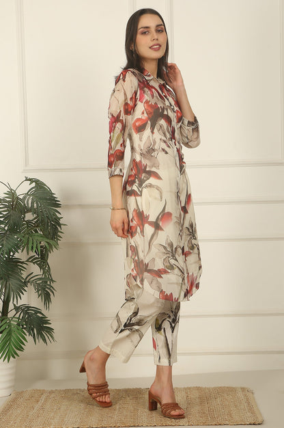 W for Woman Off-White Floral Printed Organza Shirt Kurta and Pants Co-ord Set