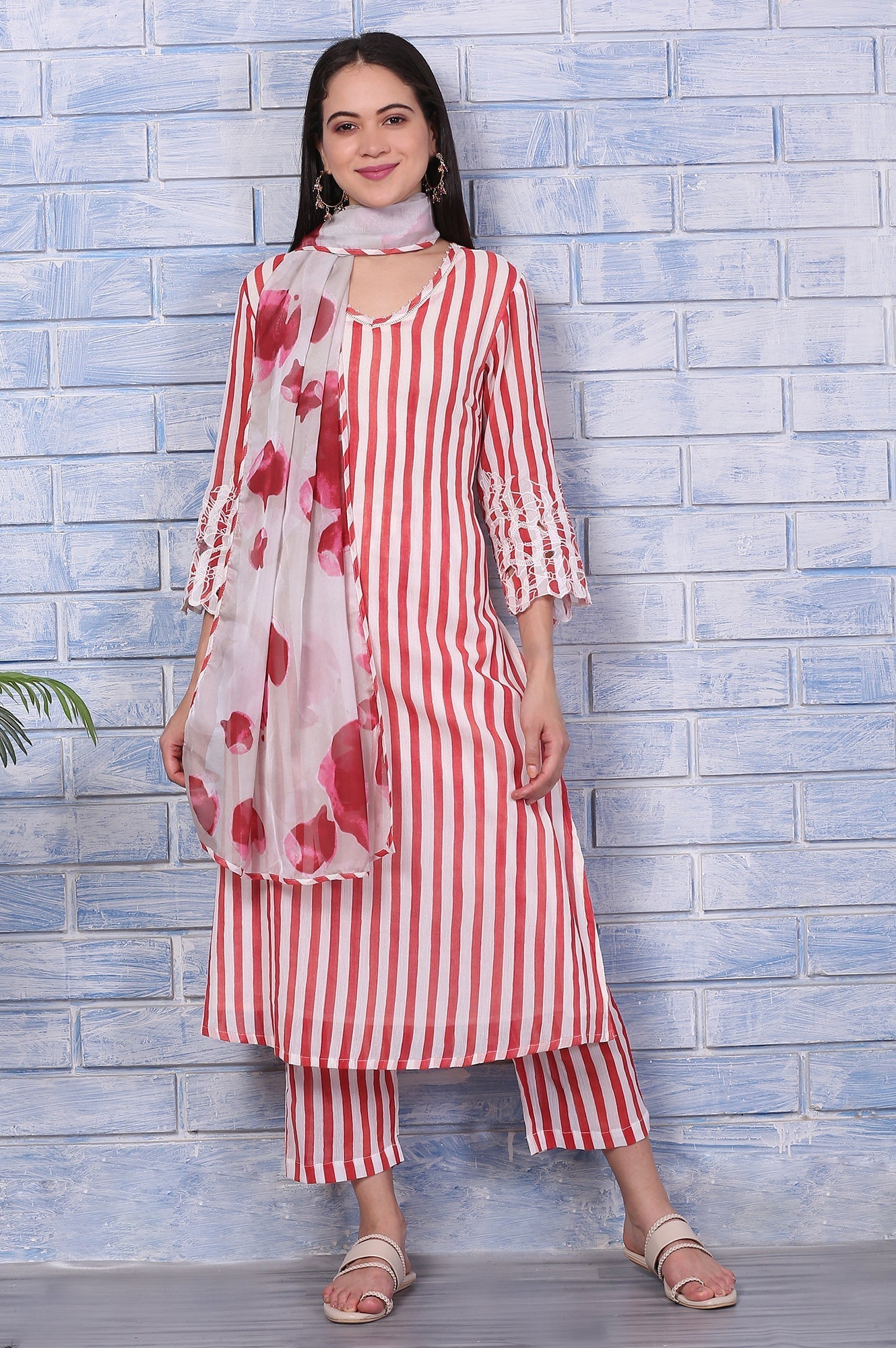 W for Woman White and Red Stripe Straight Cotton Crepe Kurta and Pants Co-ord Set with Dupatta