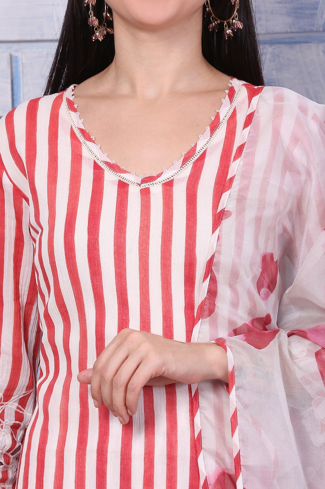 W for Woman White and Red Stripe Straight Cotton Crepe Kurta and Pants Co-ord Set with Dupatta