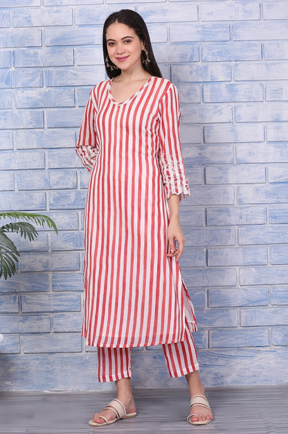 W for Woman White and Red Stripe Straight Cotton Crepe Kurta and Pants Co-ord Set with Dupatta