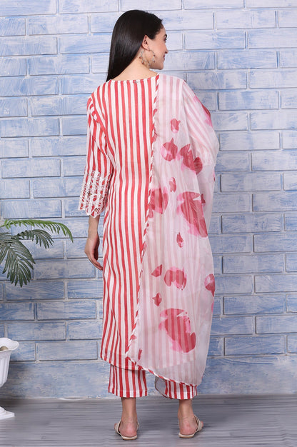 W for Woman White and Red Stripe Straight Cotton Crepe Kurta and Pants Co-ord Set with Dupatta