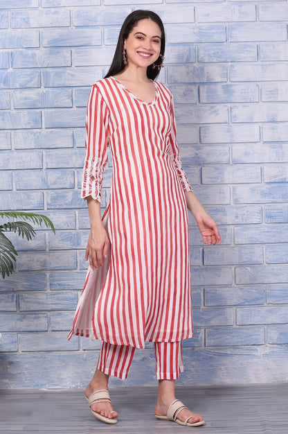 W for Woman White and Red Stripe Straight Cotton Crepe Kurta and Pants Co-ord Set with Dupatta