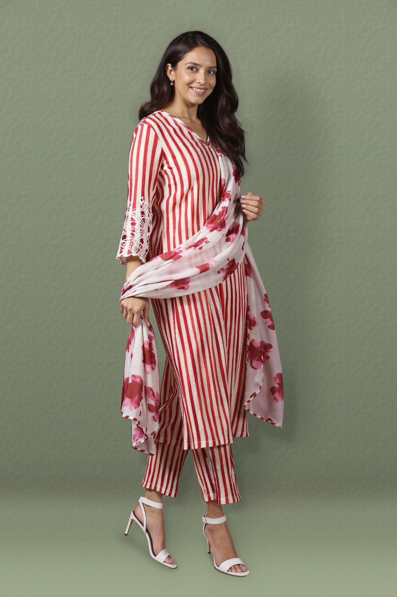 W for Woman White and Red Stripe Straight Cotton Crepe Kurta and Pants Co-ord Set with Dupatta