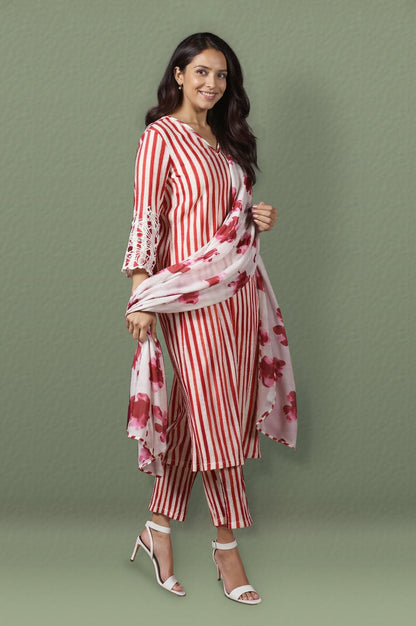 W for Woman White and Red Stripe Straight Cotton Crepe Kurta and Pants Co-ord Set with Dupatta