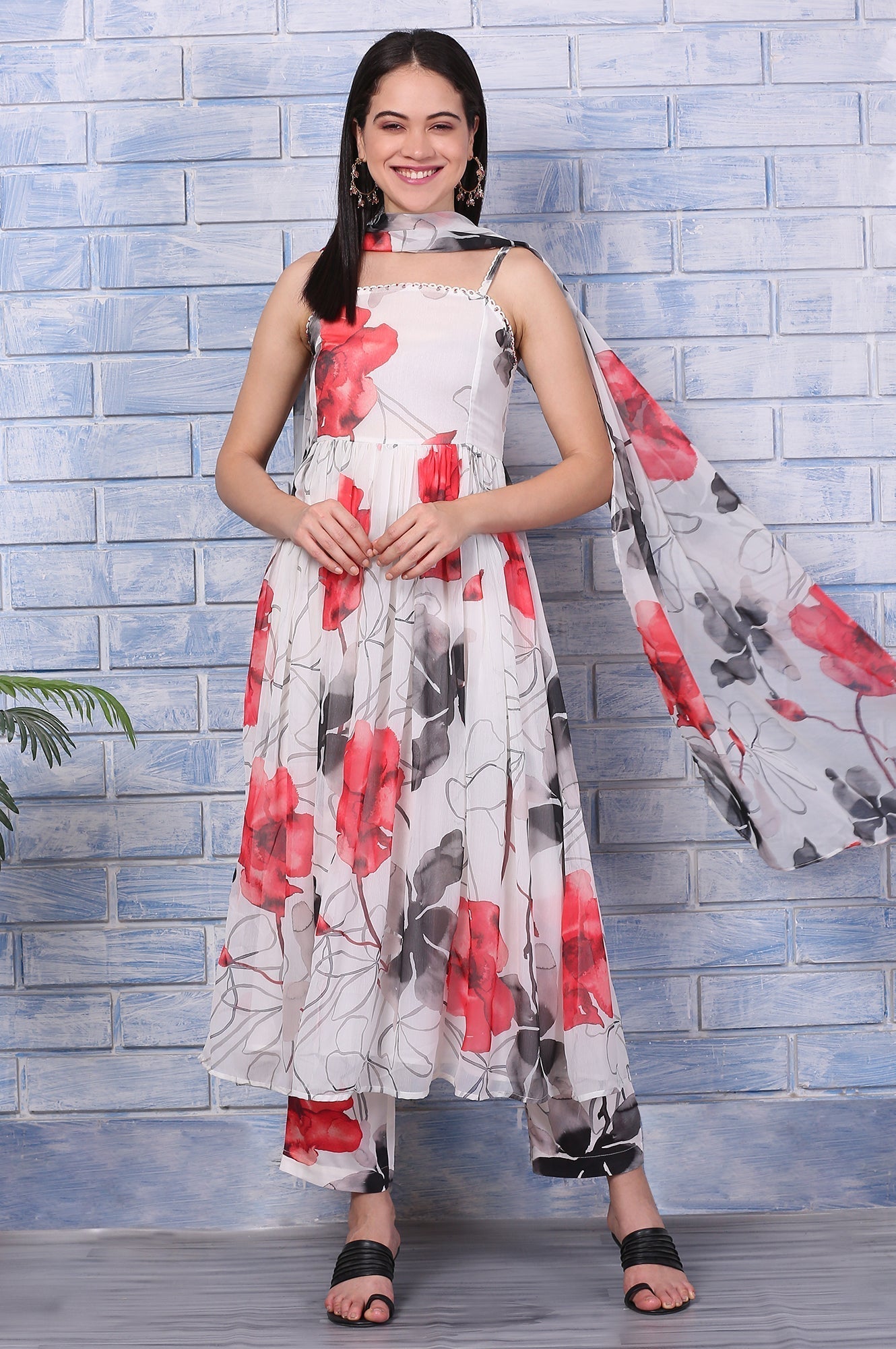 W for Woman White Bold Floral Printed Chiffon Spaghetti Anarkali Kurta, Pants and Dupatta Set