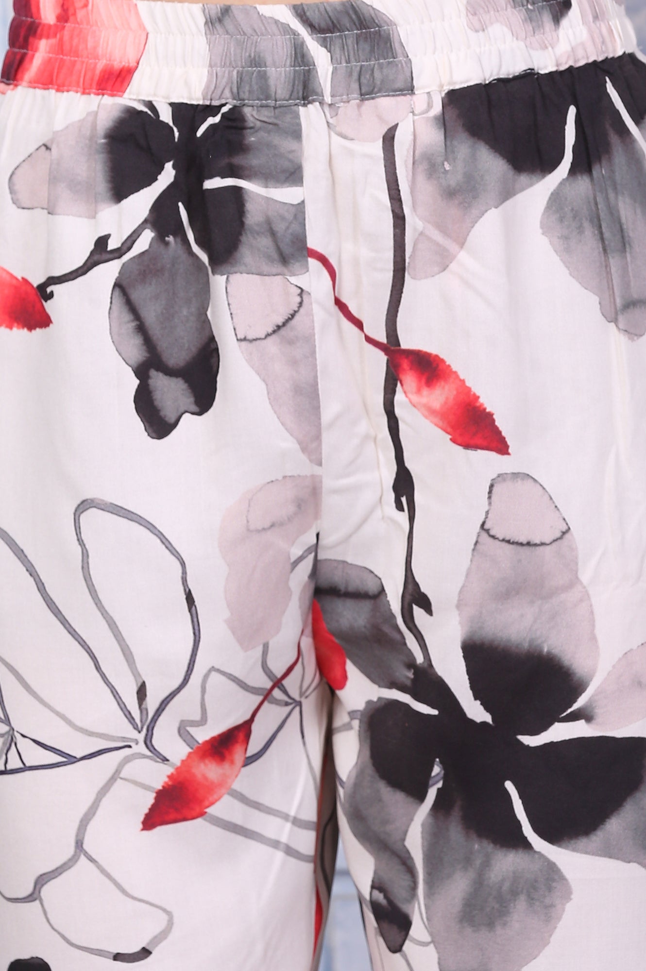W for Woman White Bold Floral Printed Chiffon Spaghetti Anarkali Kurta, Pants and Dupatta Set