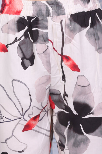 W for Woman White Bold Floral Printed Chiffon Spaghetti Anarkali Kurta, Pants and Dupatta Set