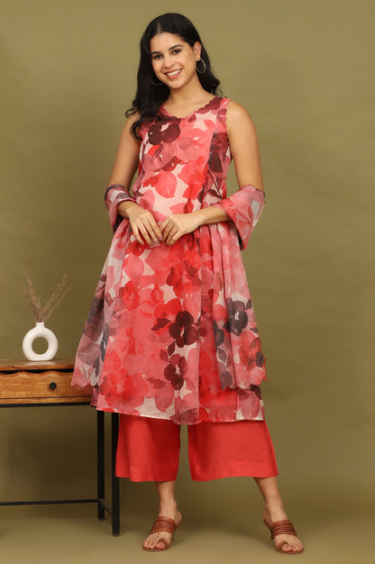 W for Woman Crimson Red Bold Floral Printed Organza Sleeveless Flared Kurta, Pants and Dupatta Set