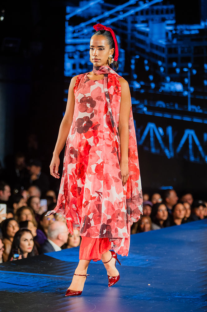 W for Woman Crimson Red Bold Floral Printed Organza Sleeveless Flared Kurta, Pants and Dupatta Set